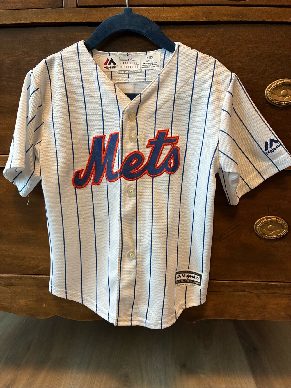 Majestic Kids White Pinstripe Mets Baseball Jersey with Blue and Orange Logo